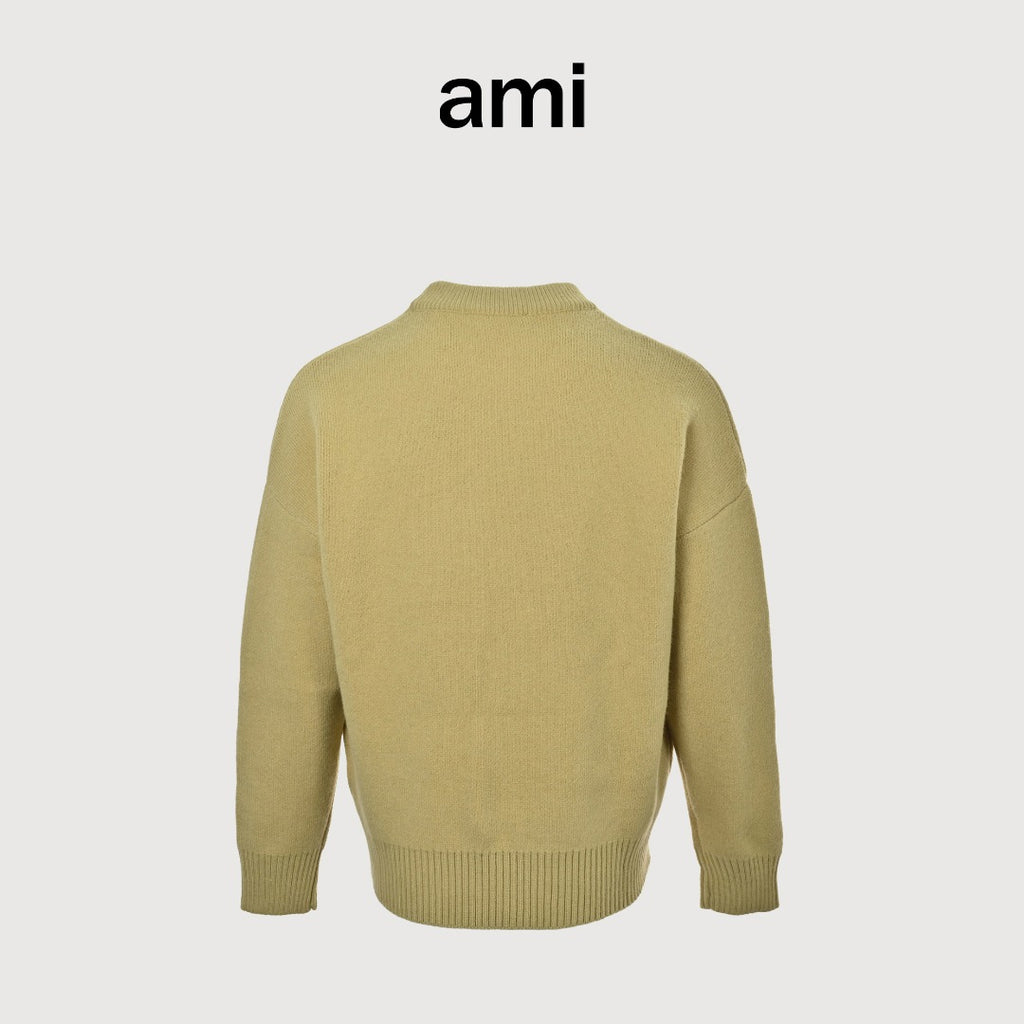 AMI Paris Three-Color Heart Jacquard Crewneck Sweater — Khaki