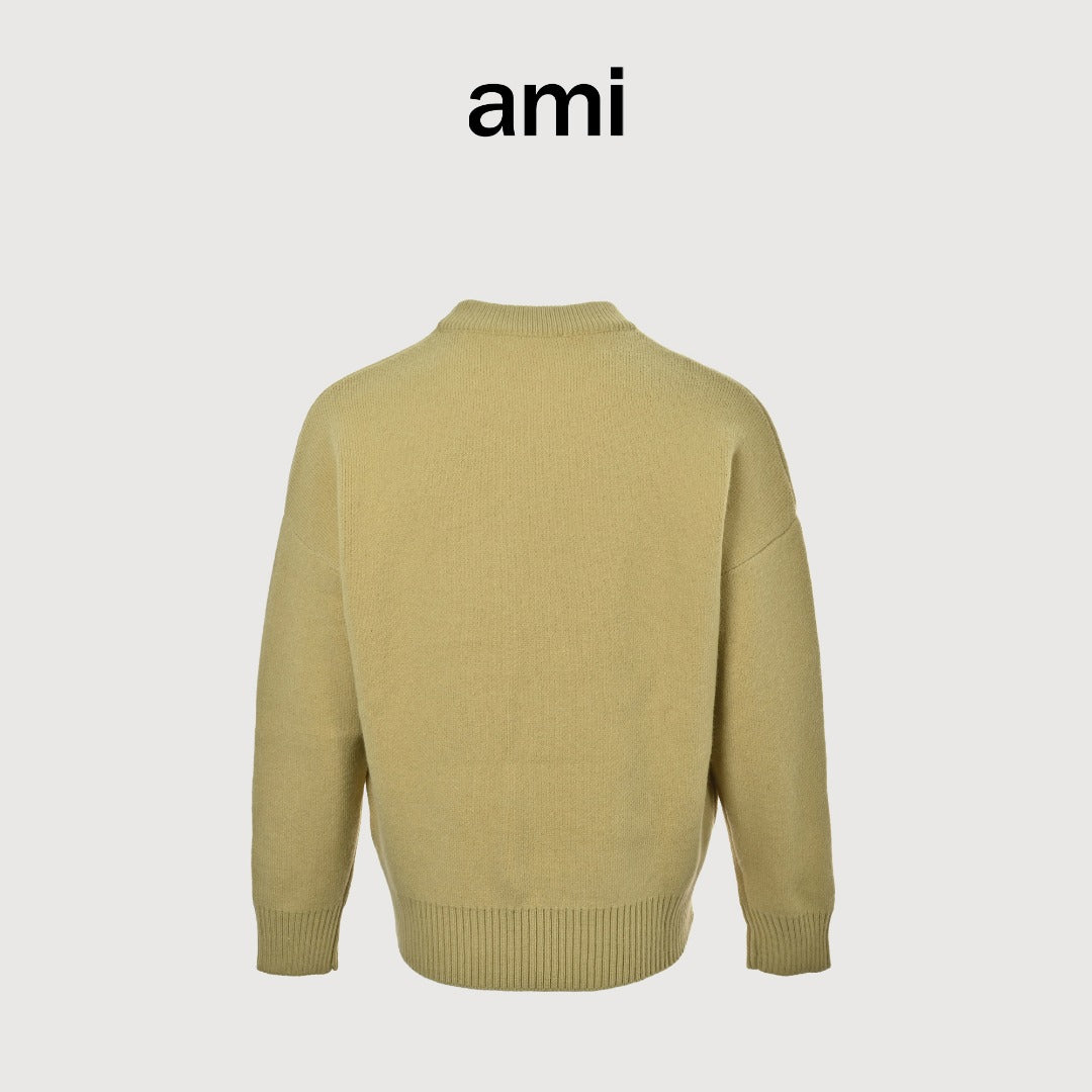 AMI Paris Three-Color Heart Jacquard Crewneck Sweater — Khaki