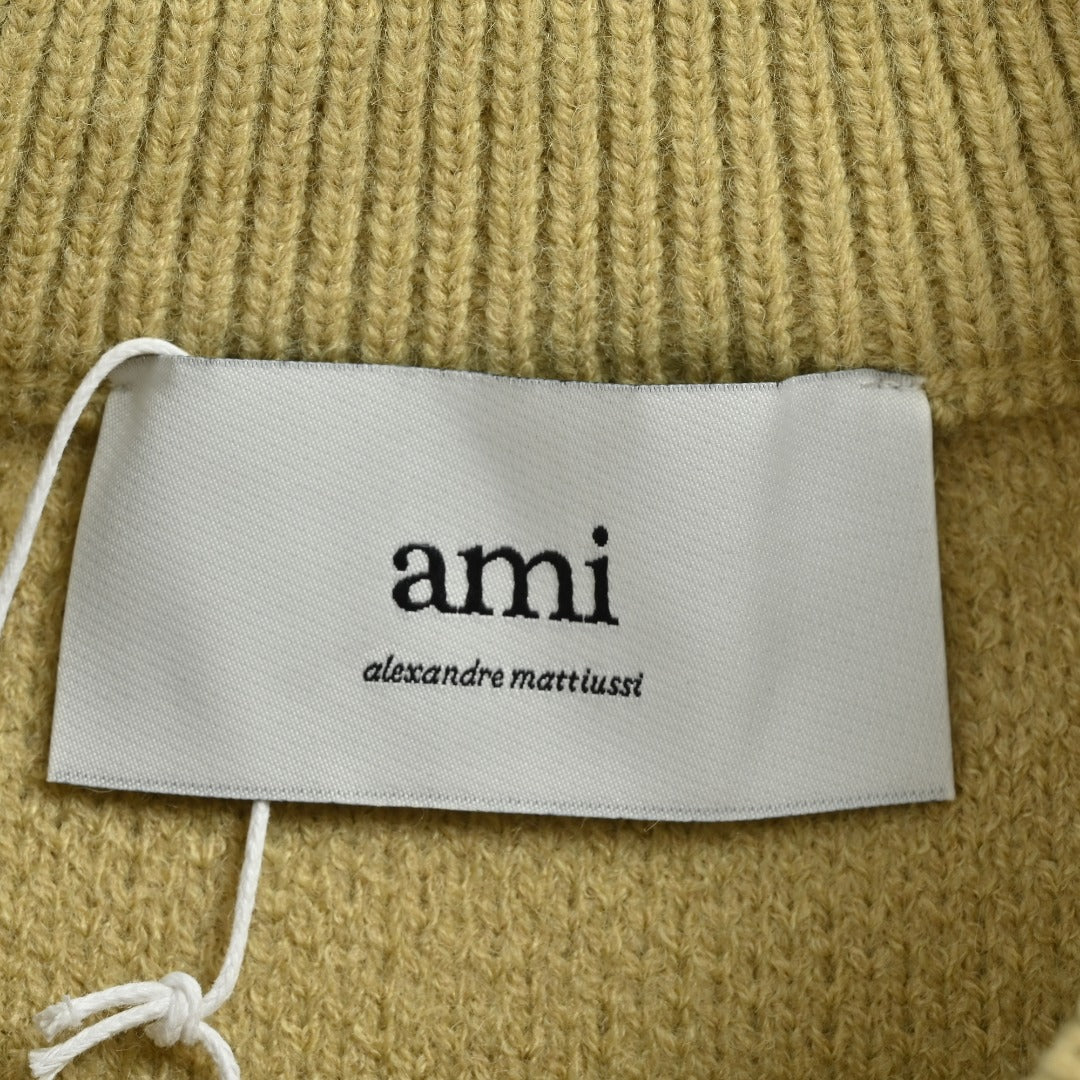 AMI Paris Three-Color Heart Jacquard Crewneck Sweater — Khaki
