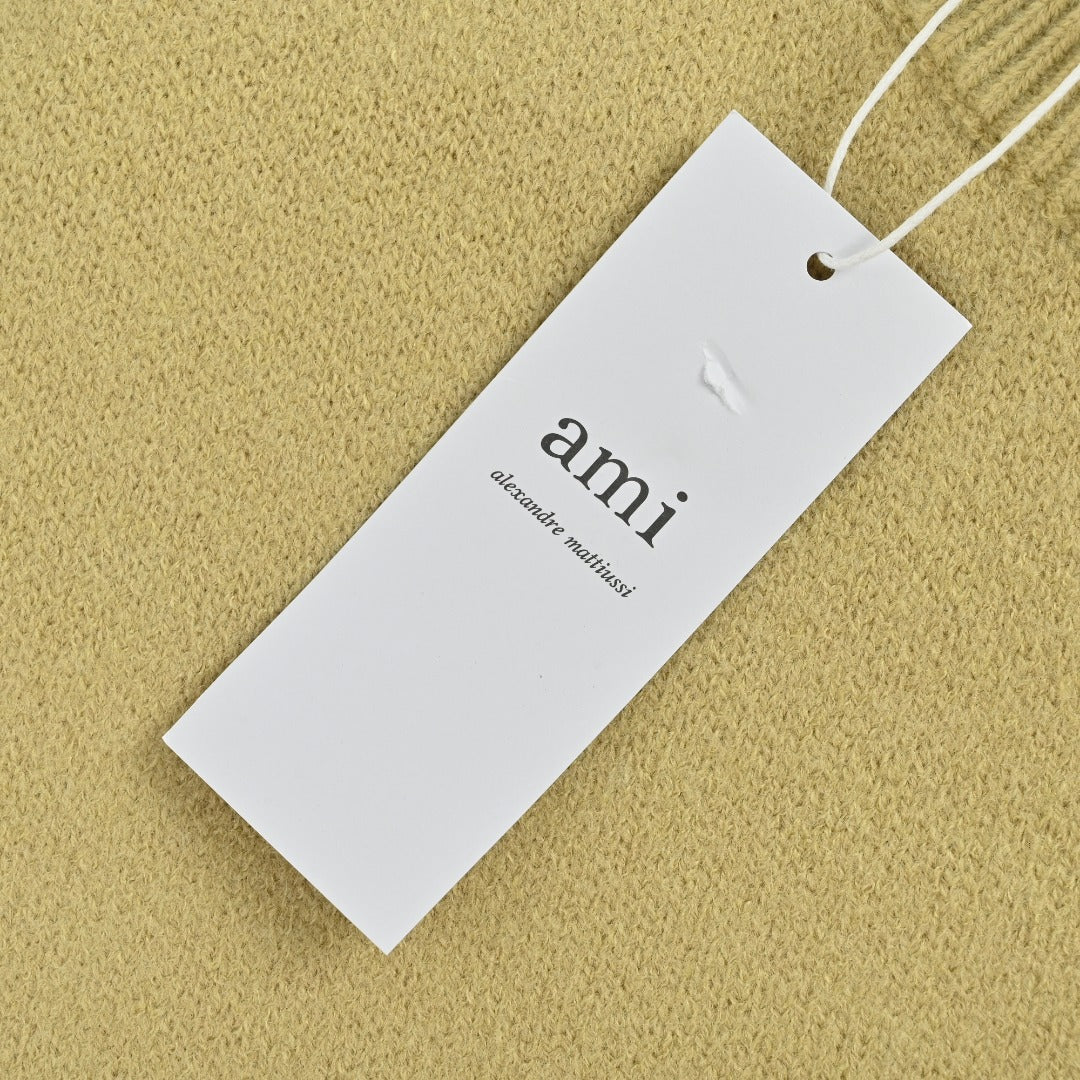 AMI Paris Three-Color Heart Jacquard Crewneck Sweater — Khaki
