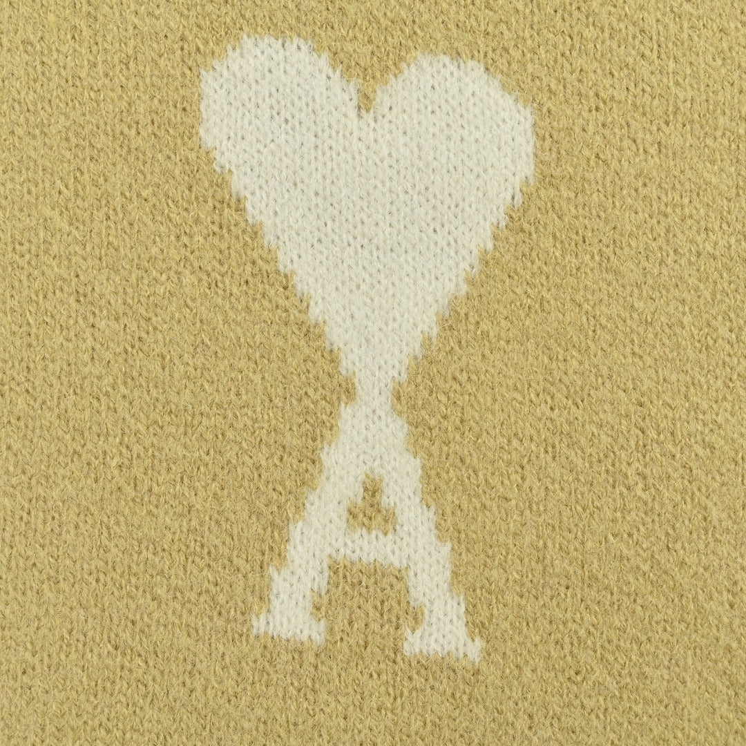 AMI Paris Three-Color Heart Jacquard Crewneck Sweater — Khaki