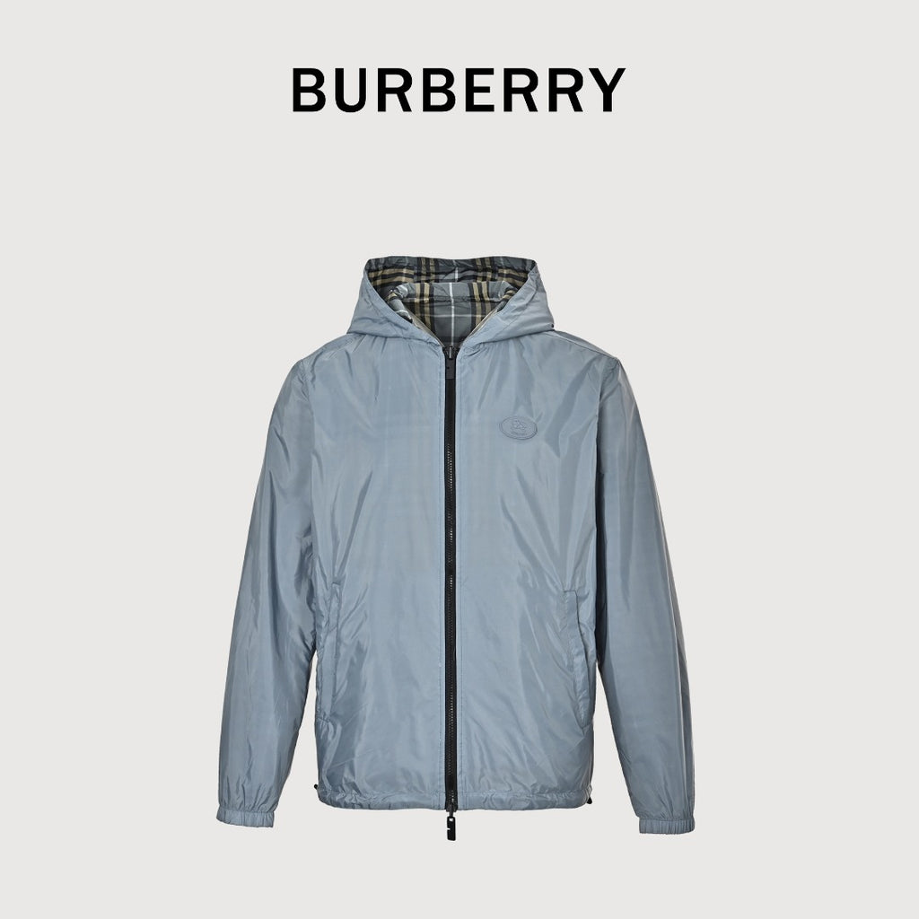 Burberry BBR Grey-Green Tartan Reversible Hooded Jacket