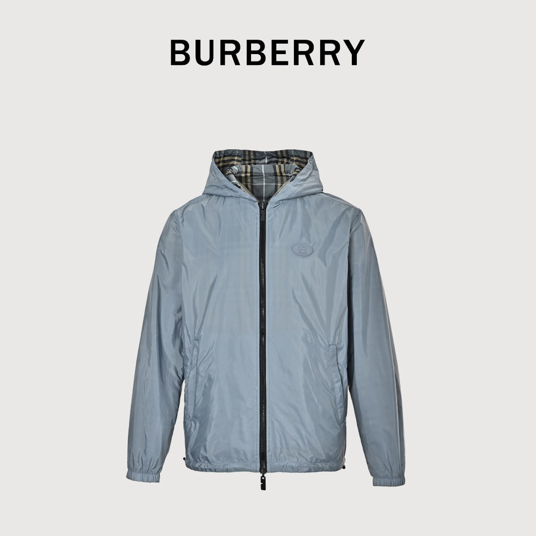 Burberry BBR Grey-Green Tartan Reversible Hooded Jacket
