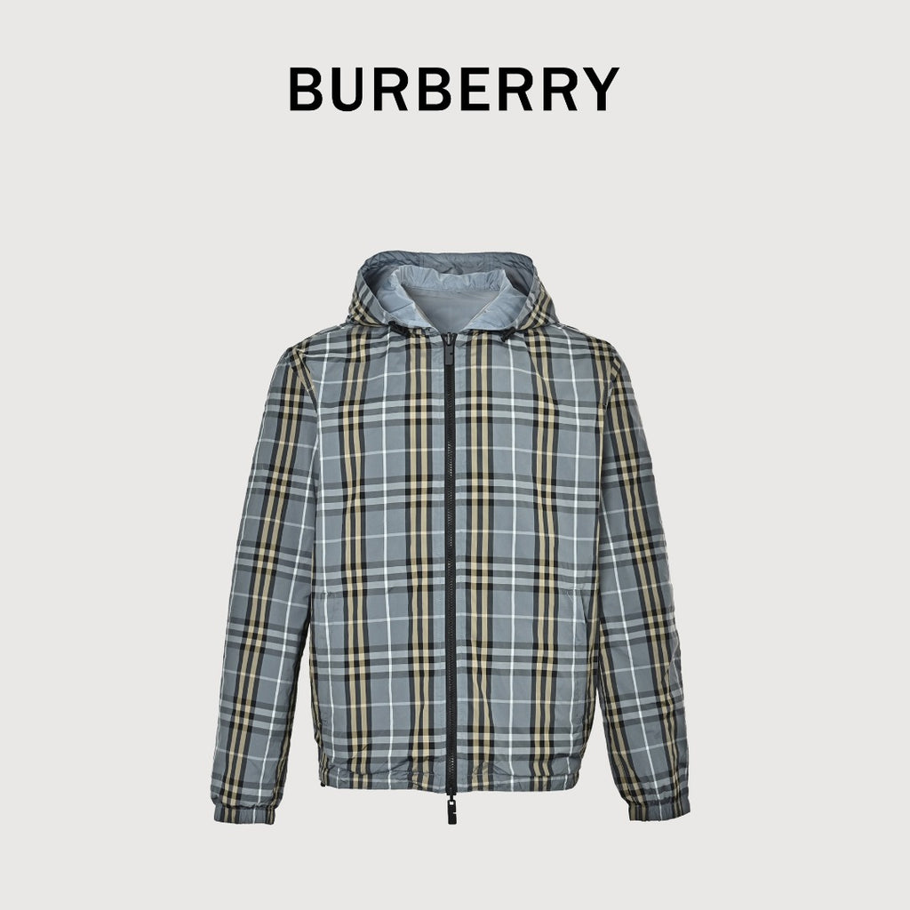 Burberry BBR Grey-Green Tartan Reversible Hooded Jacket