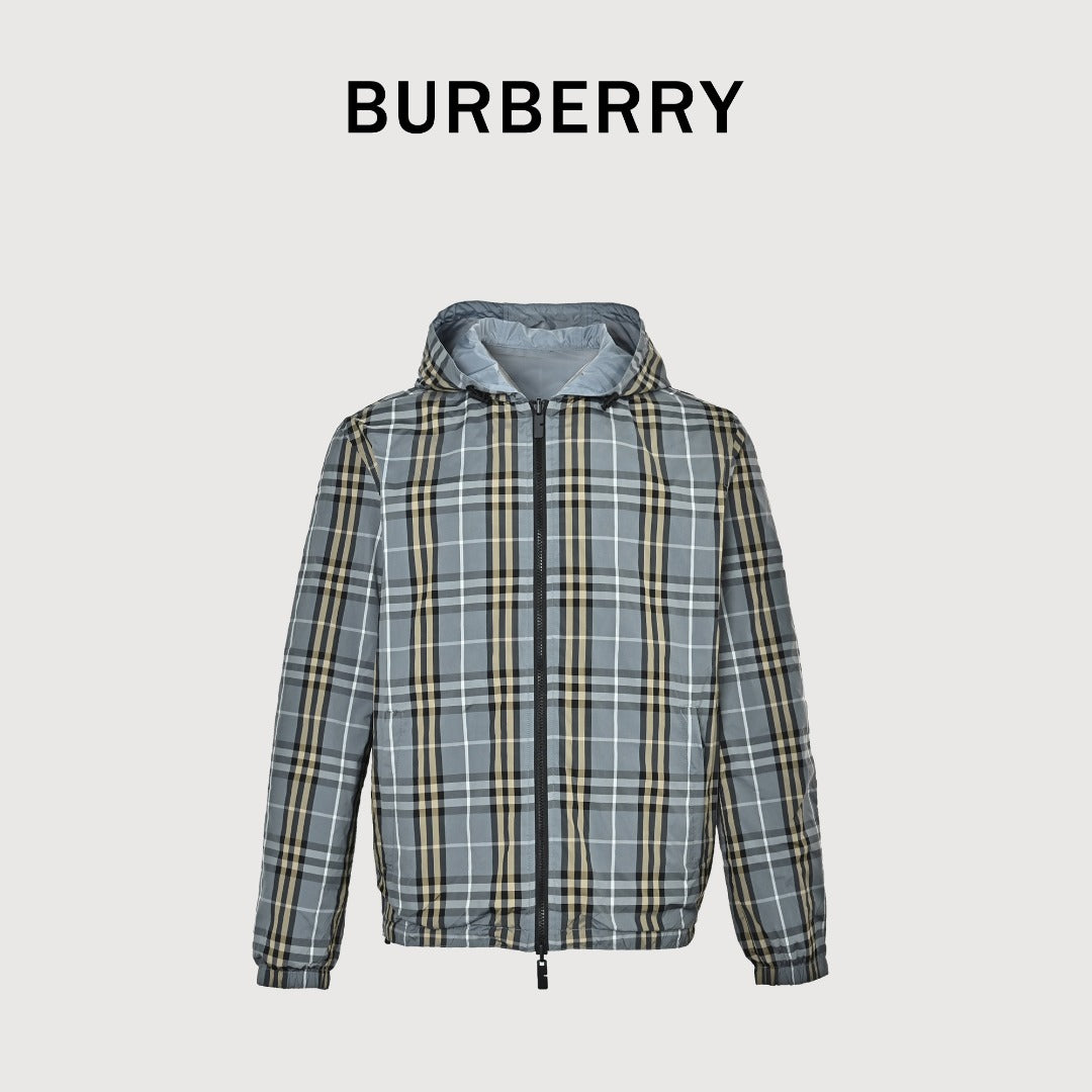 Burberry BBR Grey-Green Tartan Reversible Hooded Jacket