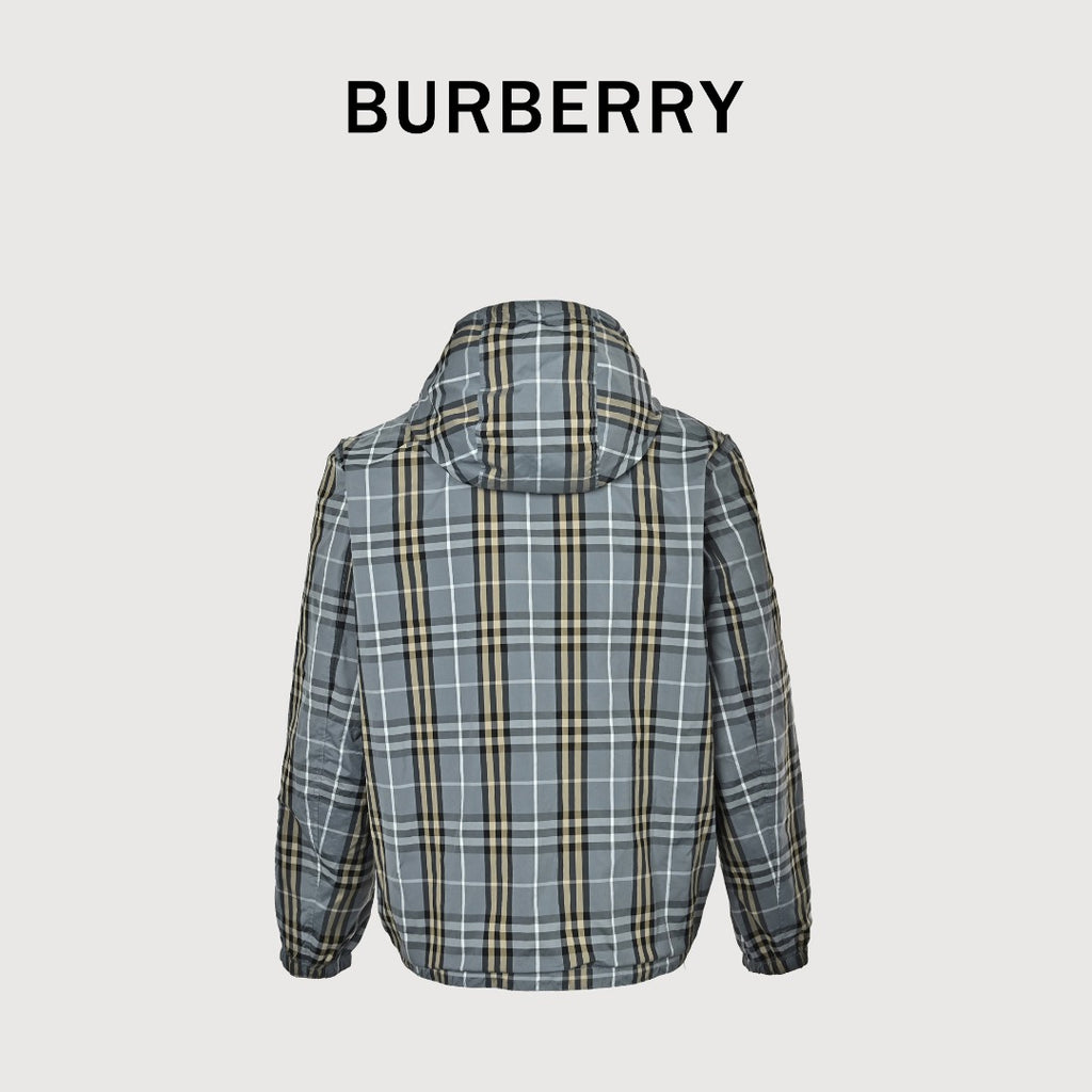 Burberry BBR Grey-Green Tartan Reversible Hooded Jacket