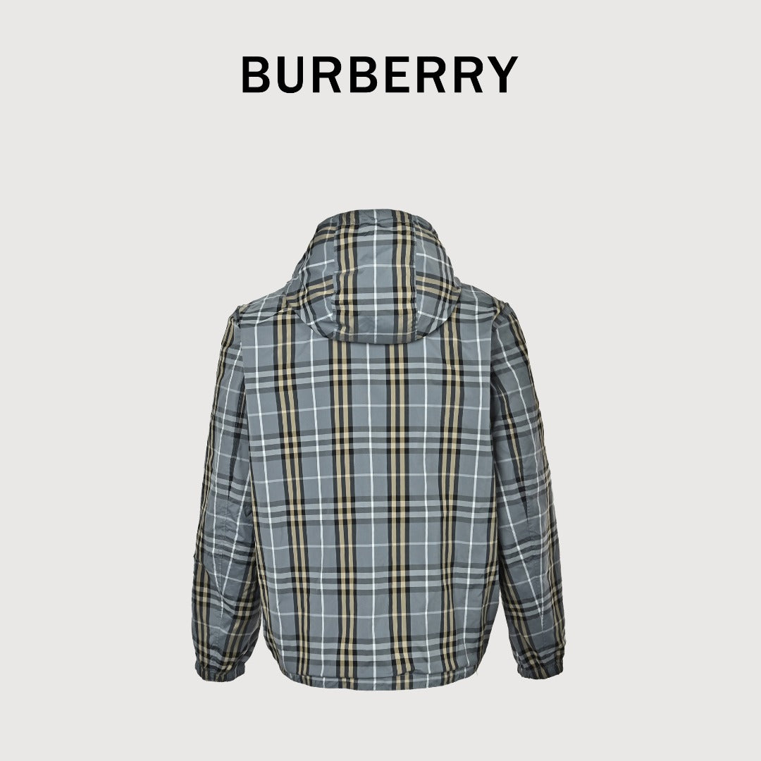 Burberry BBR Grey-Green Tartan Reversible Hooded Jacket