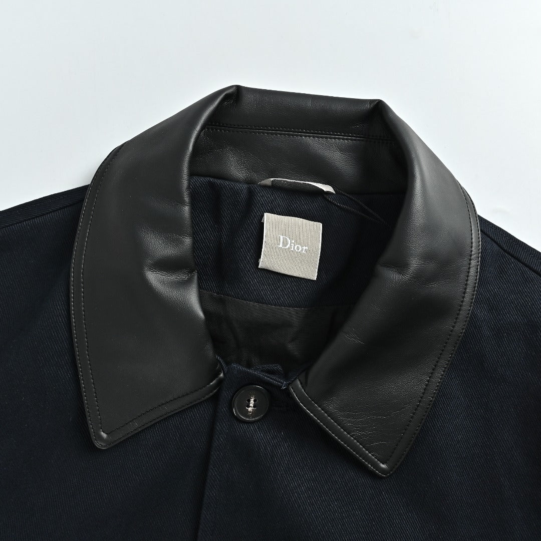 Dior CD Snap-Button Leather Collar Jacket — Black