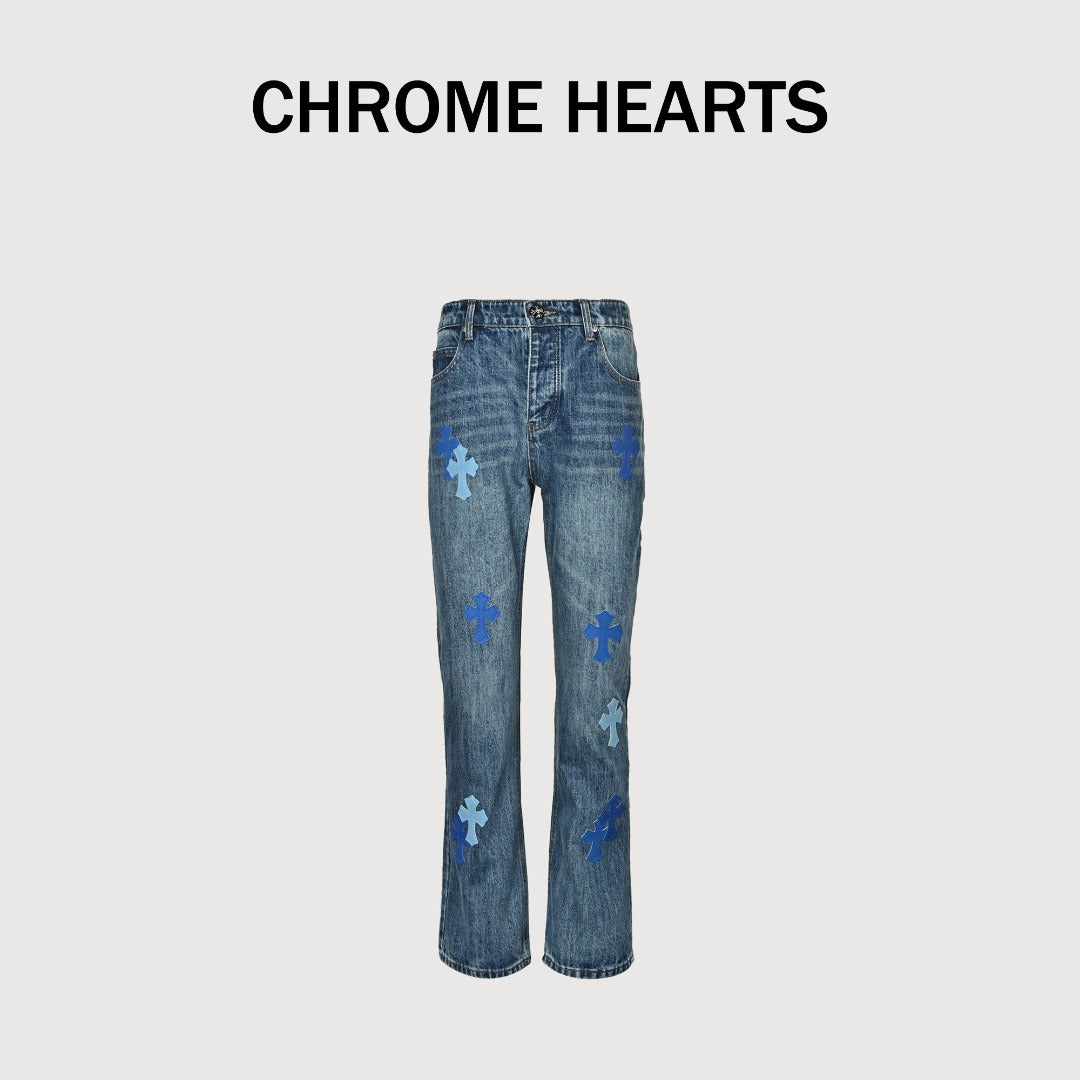 Chrome Hearts Micro-Flare Deep Blue Leather Cross Patch Straight Jeans