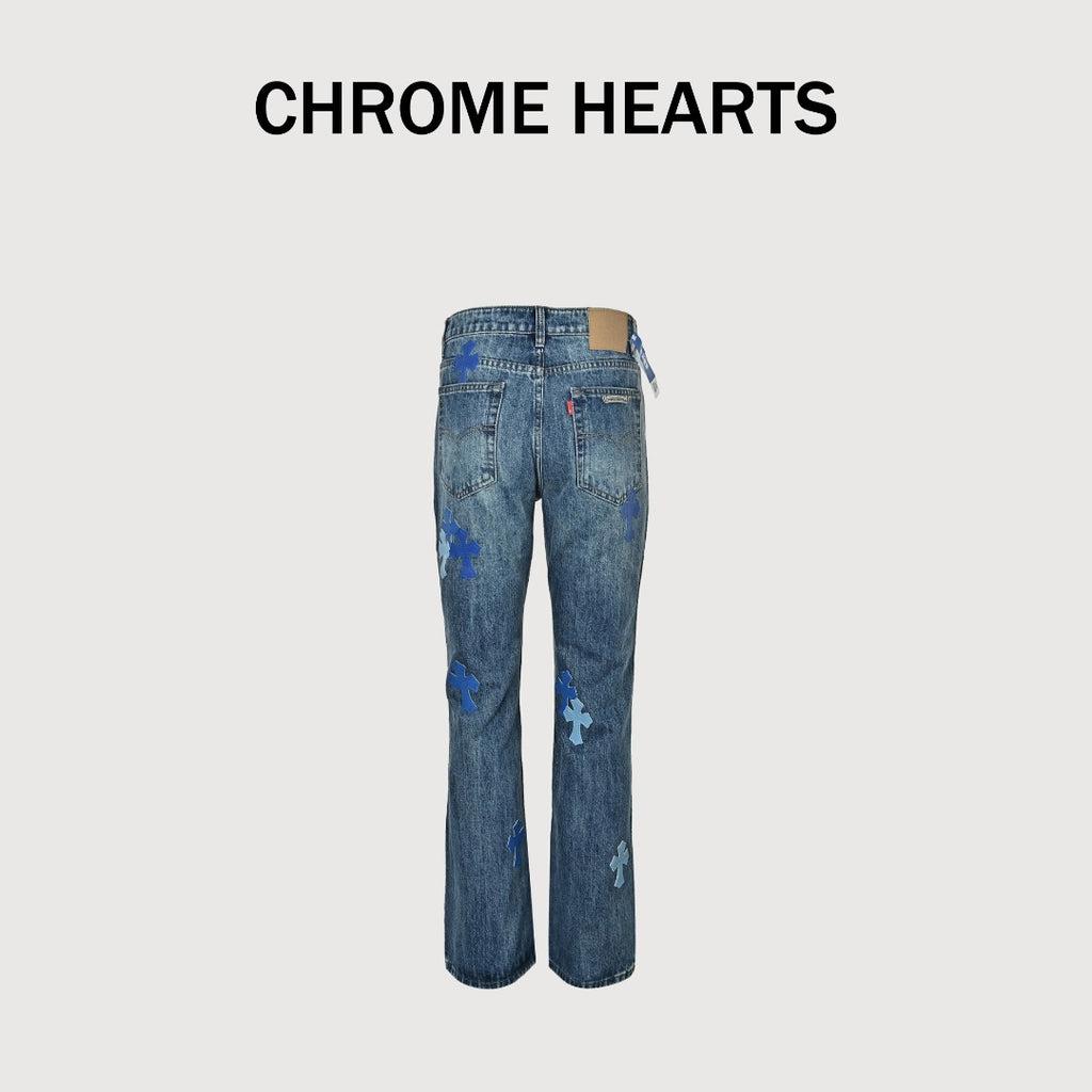 Chrome Hearts Micro-Flare Deep Blue Leather Cross Patch Straight Jeans