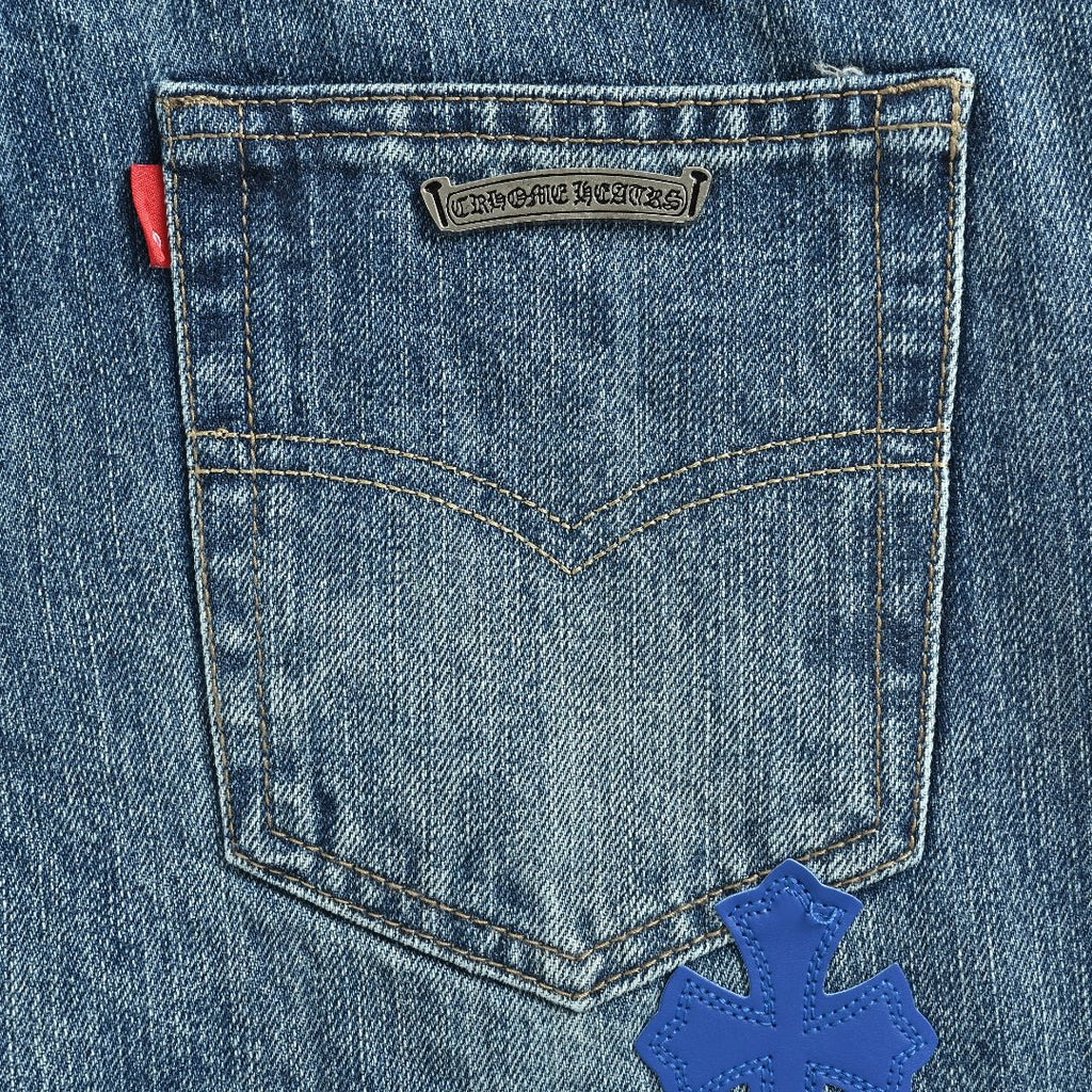Chrome Hearts Micro-Flare Deep Blue Leather Cross Patch Straight Jeans