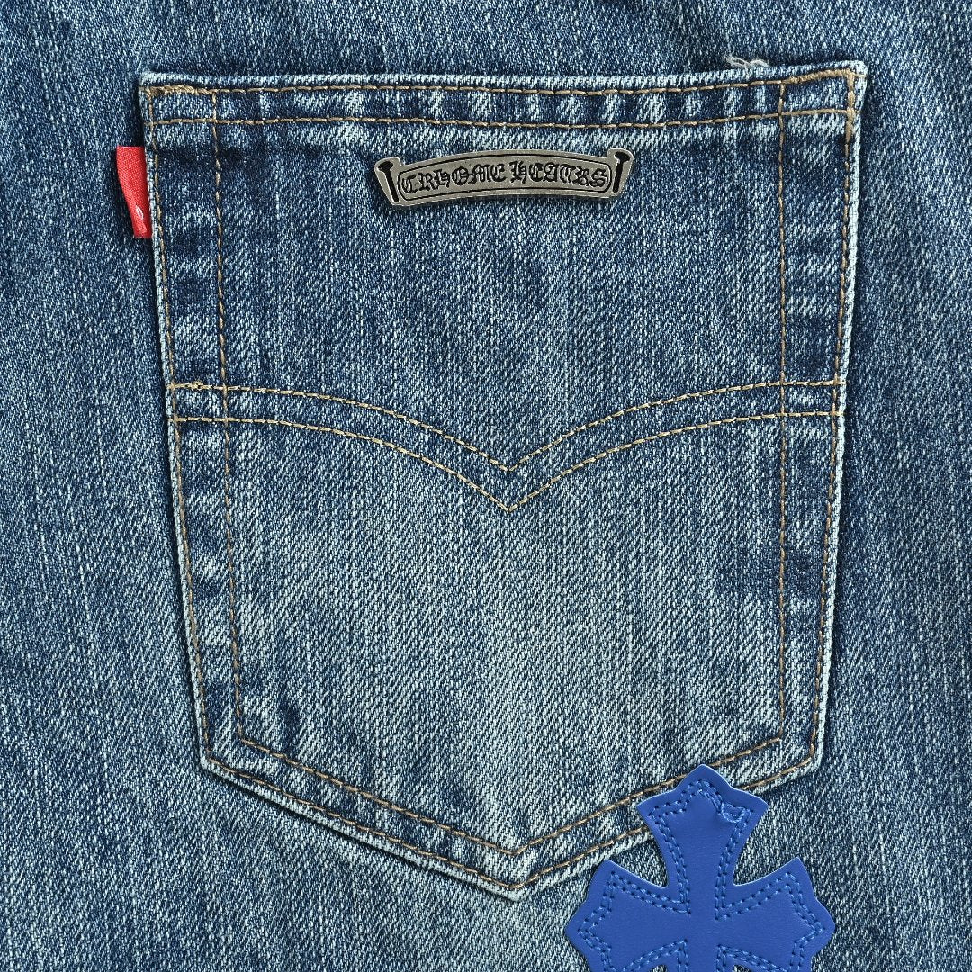 Chrome Hearts Micro-Flare Deep Blue Leather Cross Patch Straight Jeans