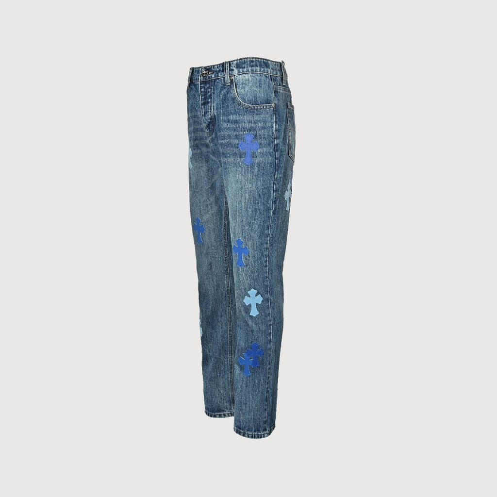 Chrome Hearts Micro-Flare Deep Blue Leather Cross Patch Straight Jeans