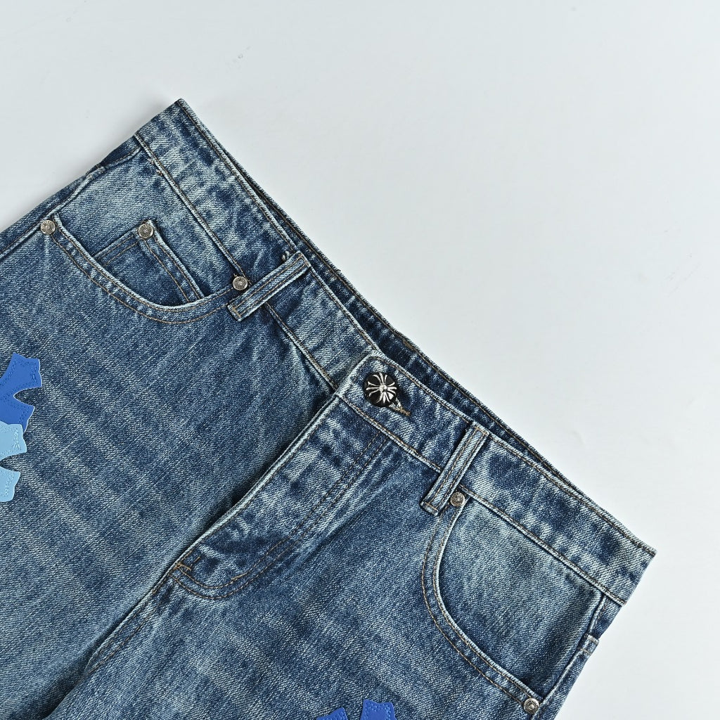 Chrome Hearts Micro-Flare Deep Blue Leather Cross Patch Straight Jeans