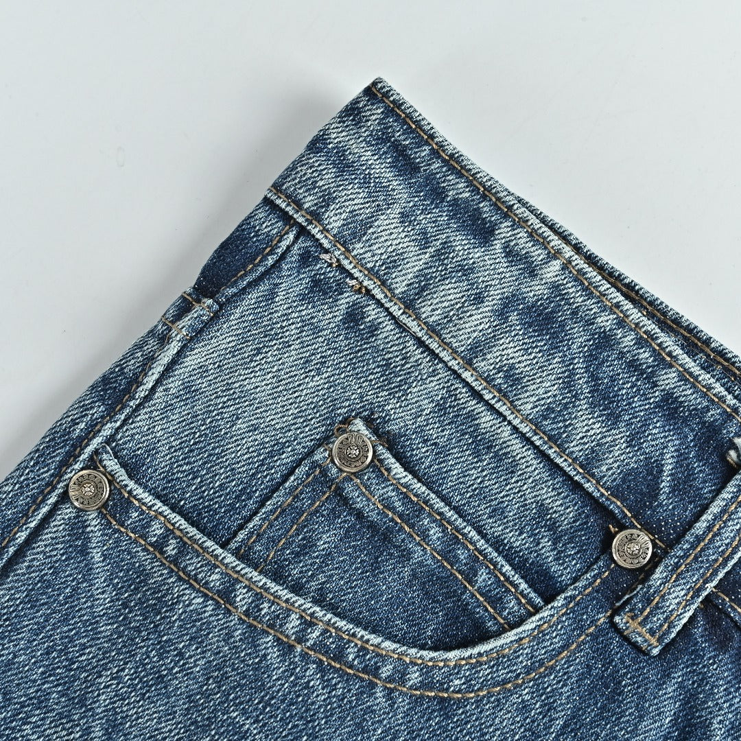 Chrome Hearts Micro-Flare Deep Blue Leather Cross Patch Straight Jeans