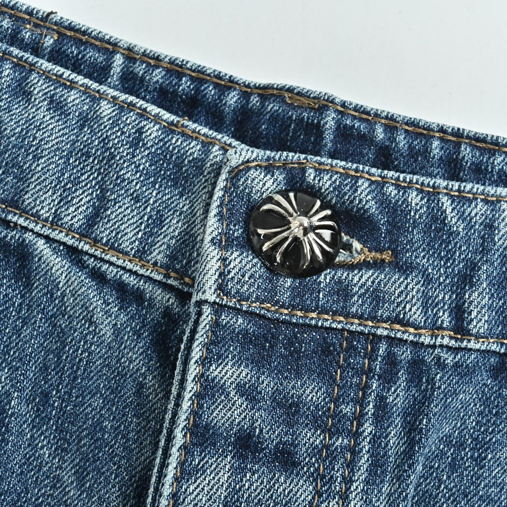 Chrome Hearts Micro-Flare Deep Blue Leather Cross Patch Straight Jeans
