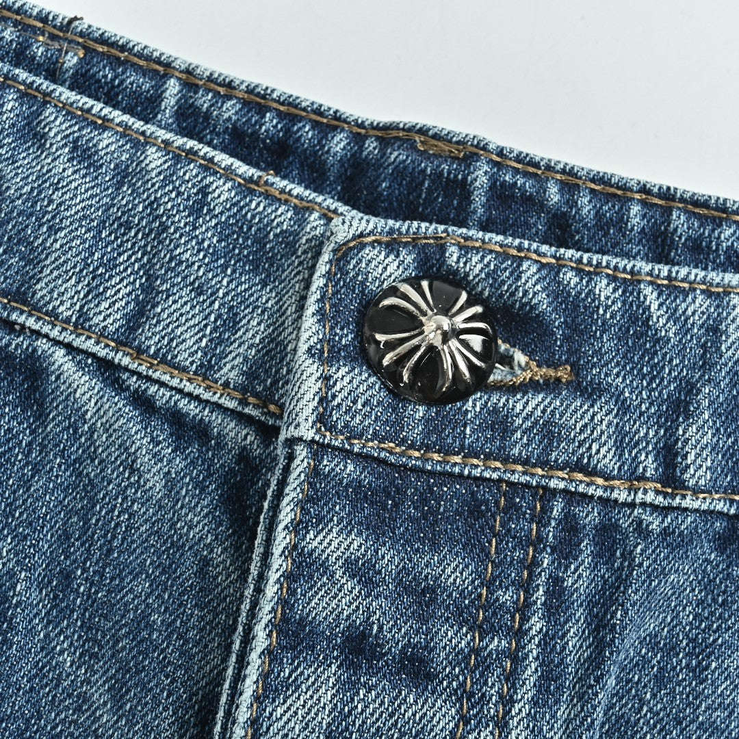 Chrome Hearts Micro-Flare Deep Blue Leather Cross Patch Straight Jeans