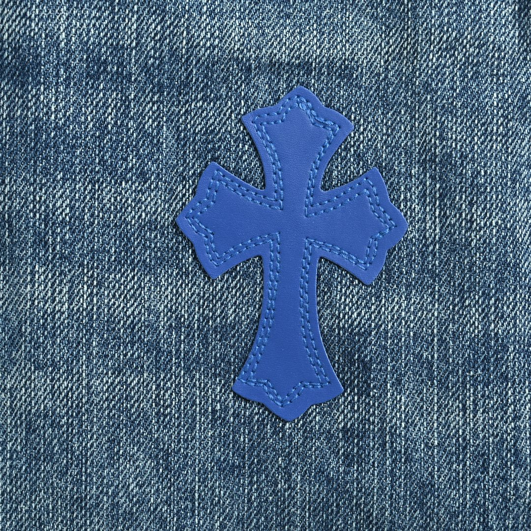 Chrome Hearts Micro-Flare Deep Blue Leather Cross Patch Straight Jeans