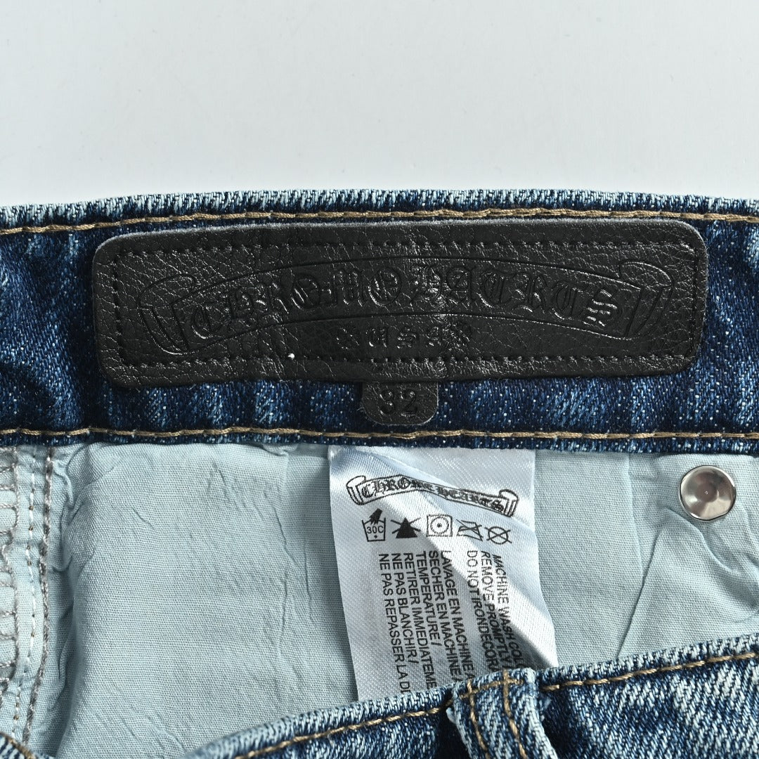 Chrome Hearts Micro-Flare Deep Blue Leather Cross Patch Straight Jeans