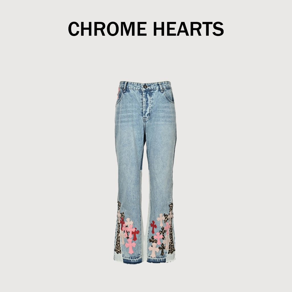Chrome Hearts x Gallery Dept Patchwork Flare Leather Cross Jeans — Light Blue