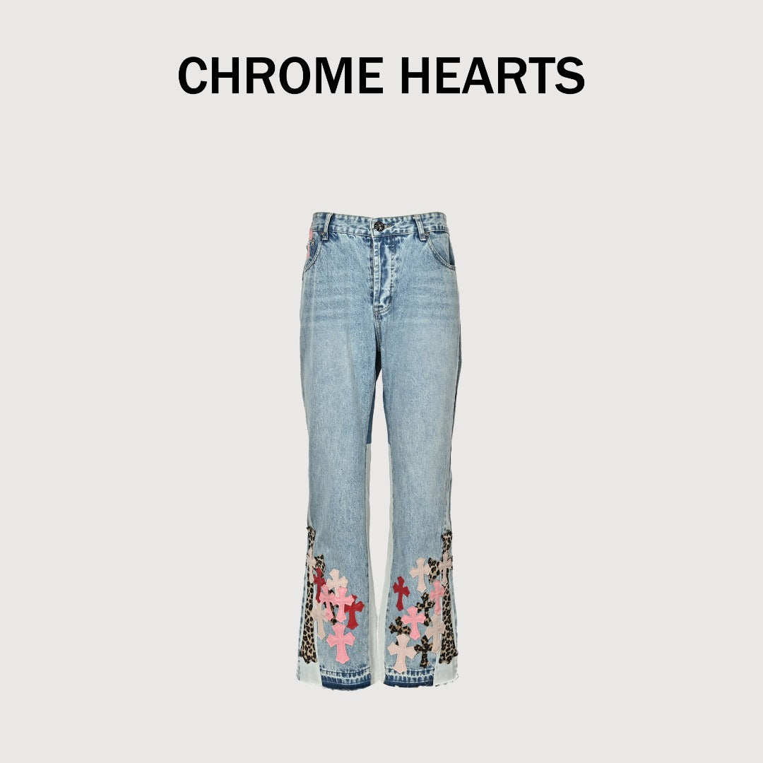 Chrome Hearts x Gallery Dept Patchwork Flare Leather Cross Jeans — Light Blue