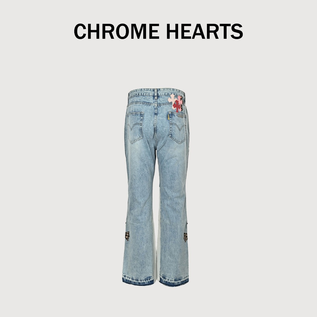 Chrome Hearts x Gallery Dept Patchwork Flare Leather Cross Jeans — Light Blue