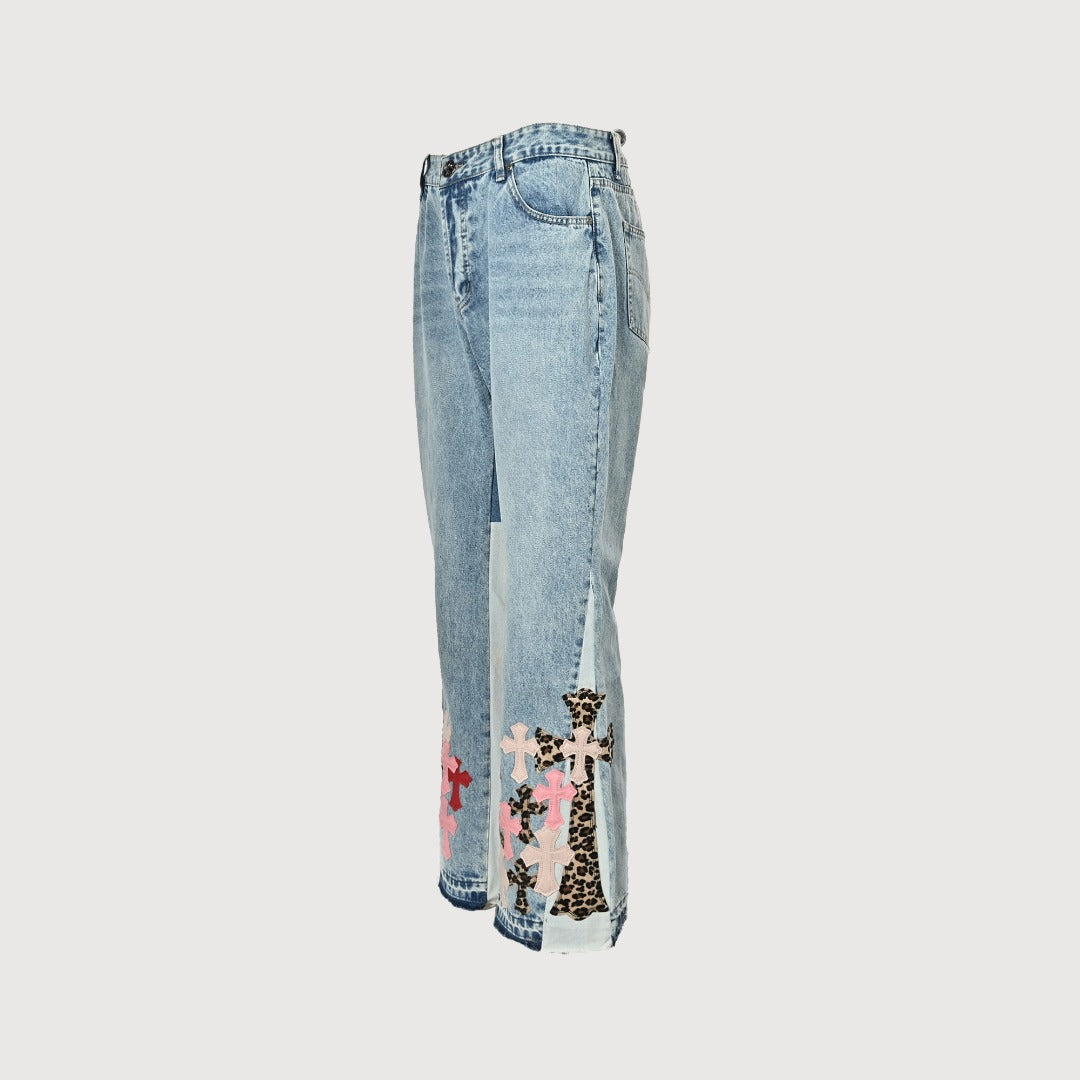 Chrome Hearts x Gallery Dept Patchwork Flare Leather Cross Jeans — Light Blue