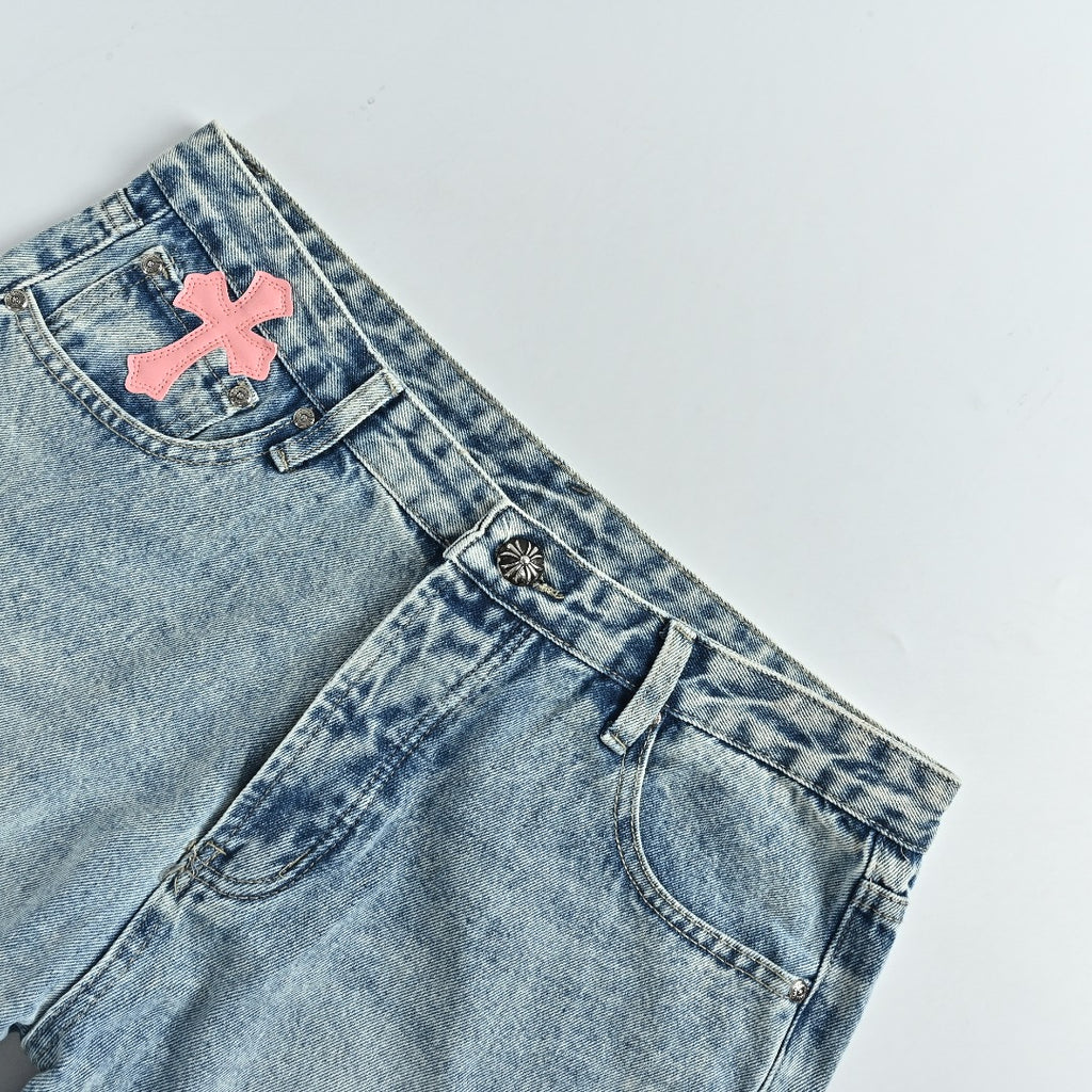 Chrome Hearts x Gallery Dept Patchwork Flare Leather Cross Jeans — Light Blue