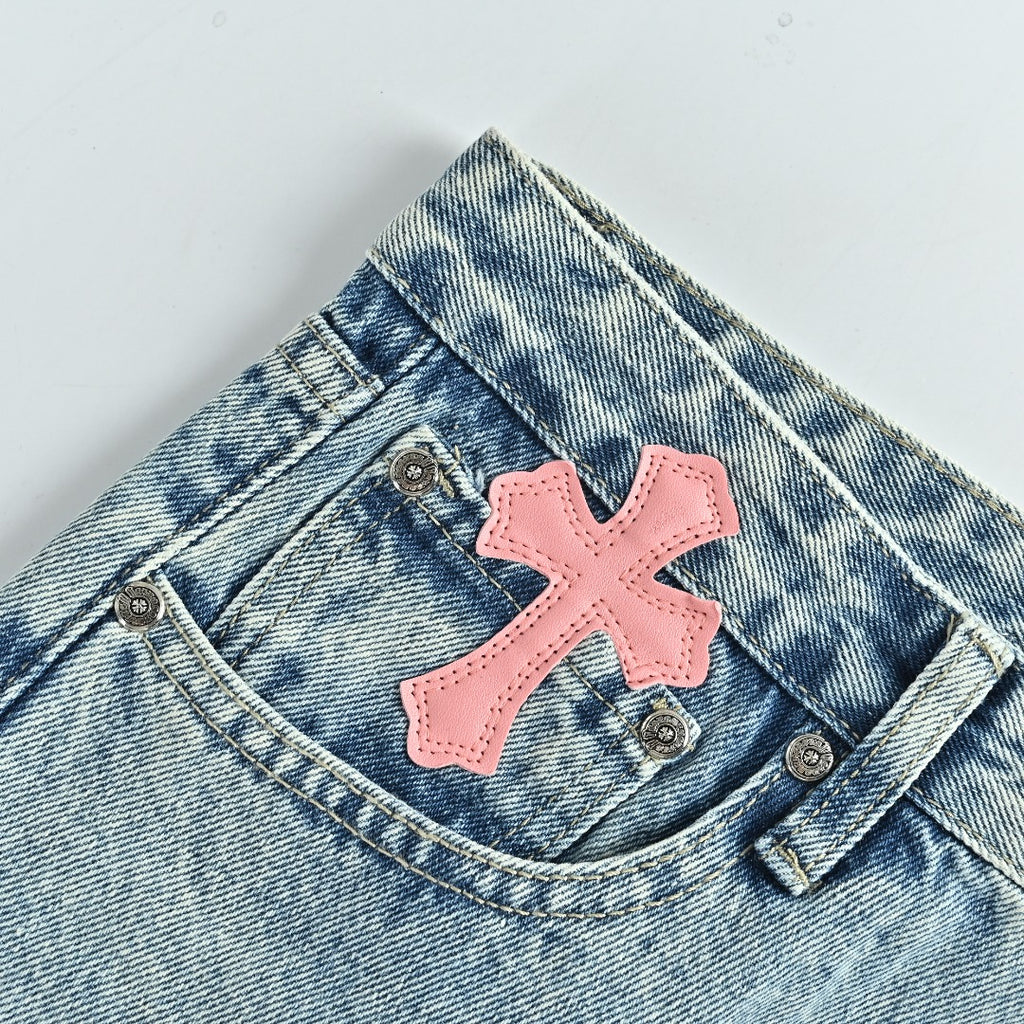 Chrome Hearts x Gallery Dept Patchwork Flare Leather Cross Jeans — Light Blue