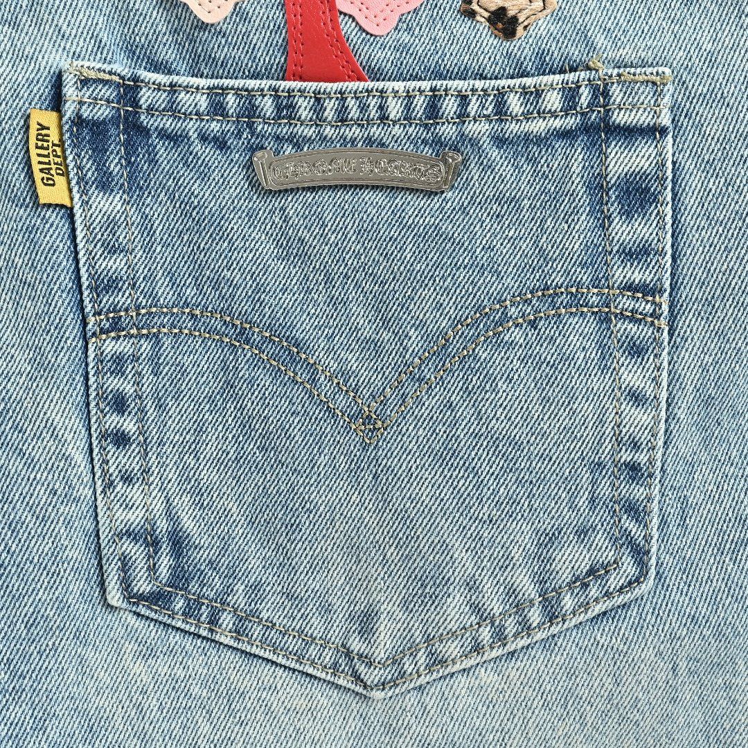 Chrome Hearts x Gallery Dept Patchwork Flare Leather Cross Jeans — Light Blue
