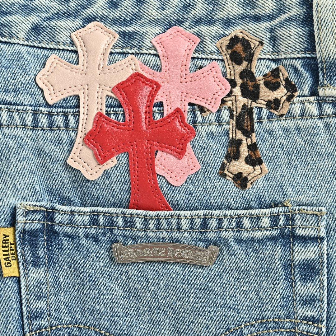 Chrome Hearts x Gallery Dept Patchwork Flare Leather Cross Jeans — Light Blue