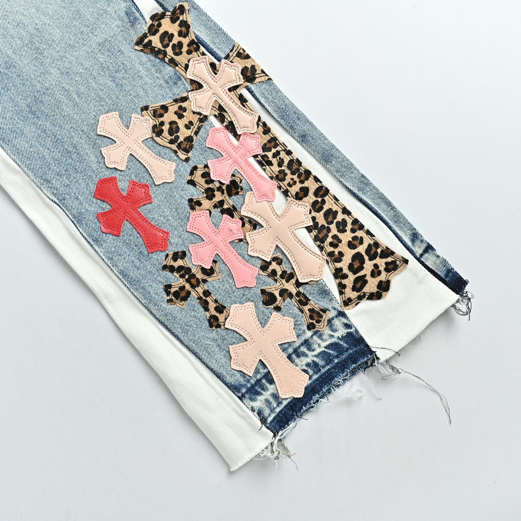 Chrome Hearts x Gallery Dept Patchwork Flare Leather Cross Jeans — Light Blue
