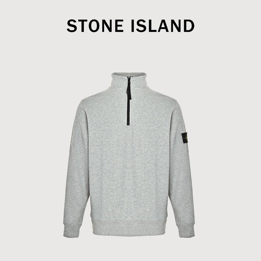 Stone Island SS26 Sleeve Badge Half-Zip Pullover Sweatshirt — Light Grey Marl