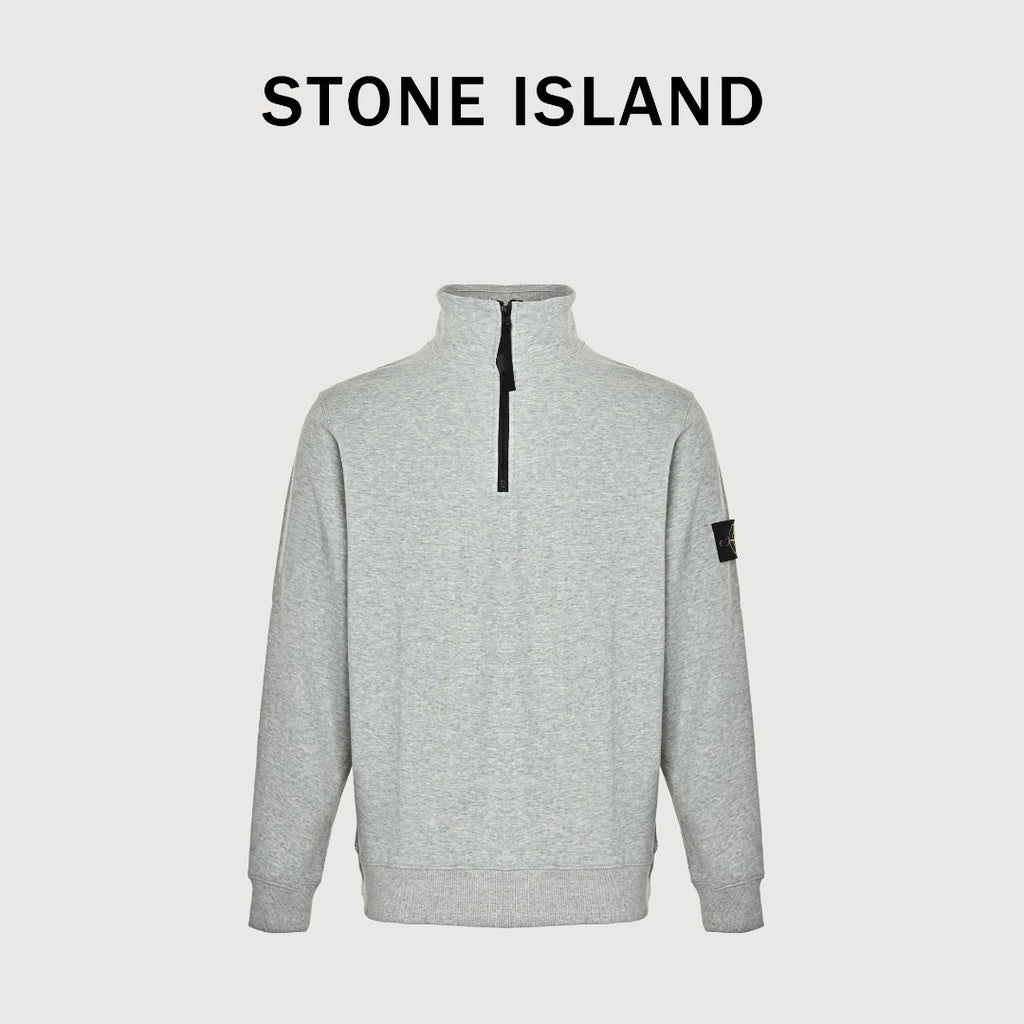 Stone Island SS26 Sleeve Badge Half-Zip Pullover Sweatshirt — Light Grey Marl
