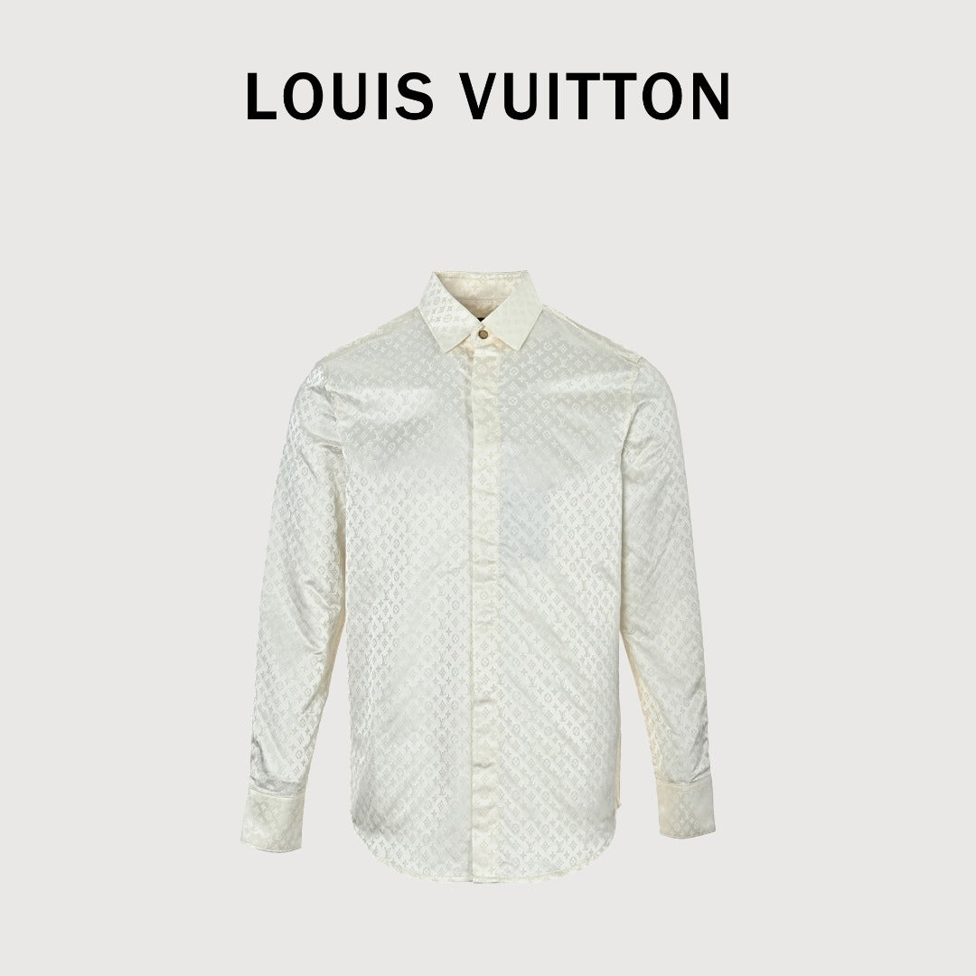 Louis Vuitton 25SS Pre-Spring Monogram Jacquard Mulberry Silk Long-Sleeve Shirt — White
