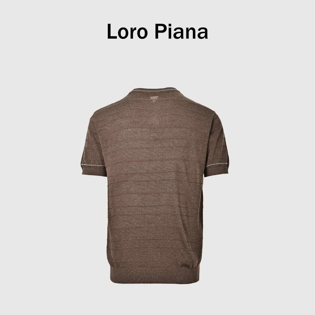 Loro Piana LP Tri-Color Topstitch Ribbed Knit Wave-Texture Linen Short-Sleeve T-Shirt — Tobacco Brown