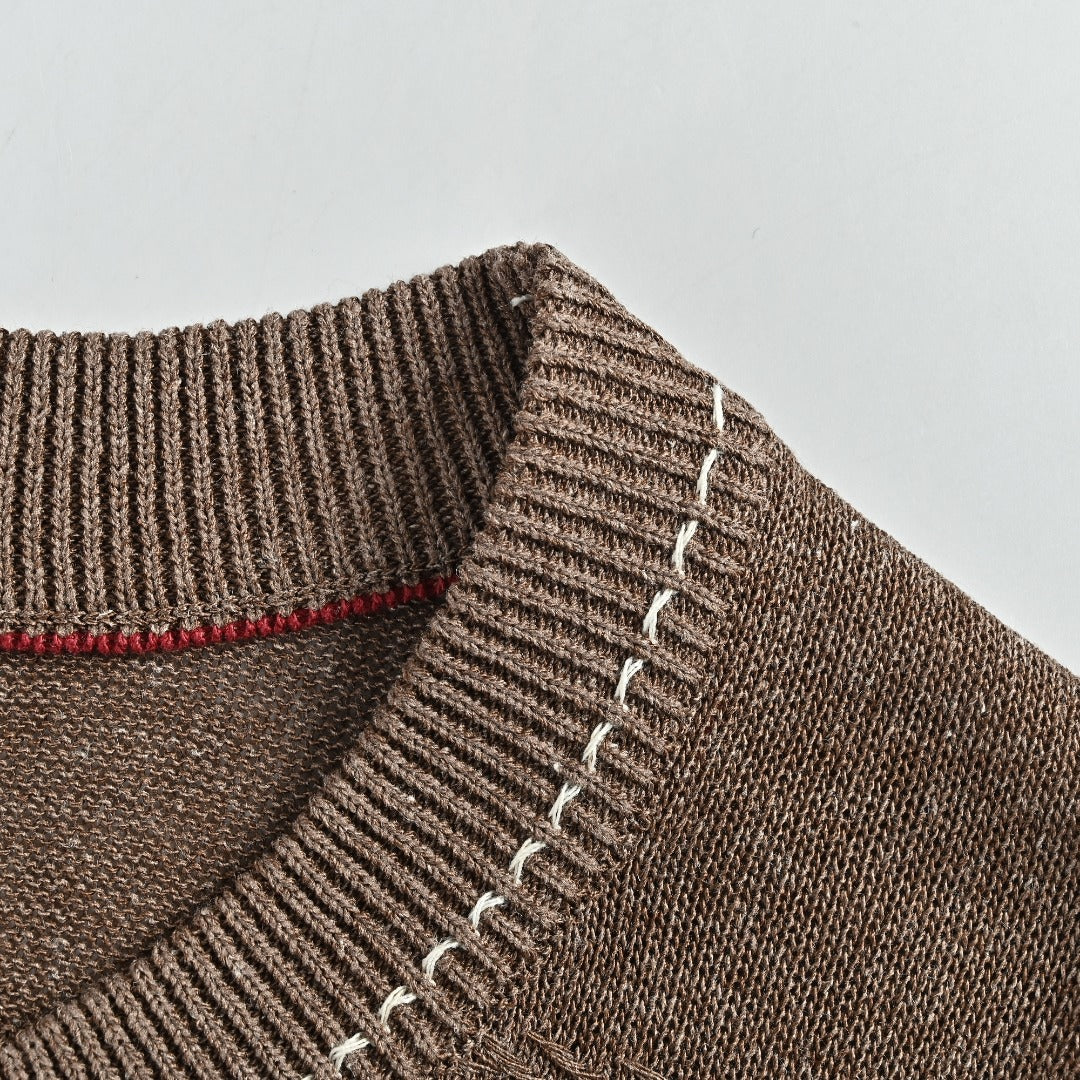 Loro Piana LP Tri-Color Topstitch Ribbed Knit Wave-Texture Linen Short-Sleeve T-Shirt — Tobacco Brown