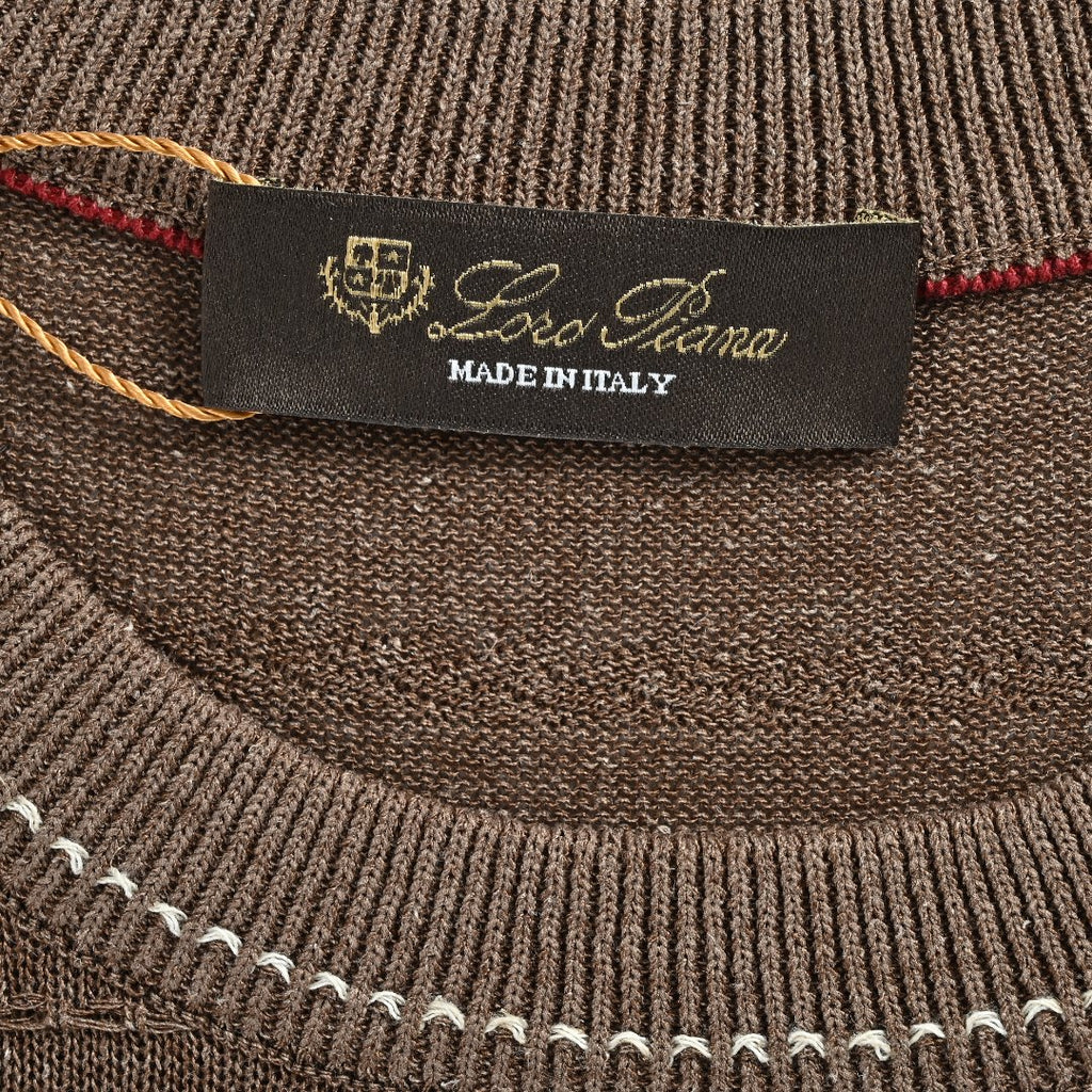Loro Piana LP Tri-Color Topstitch Ribbed Knit Wave-Texture Linen Short-Sleeve T-Shirt — Tobacco Brown