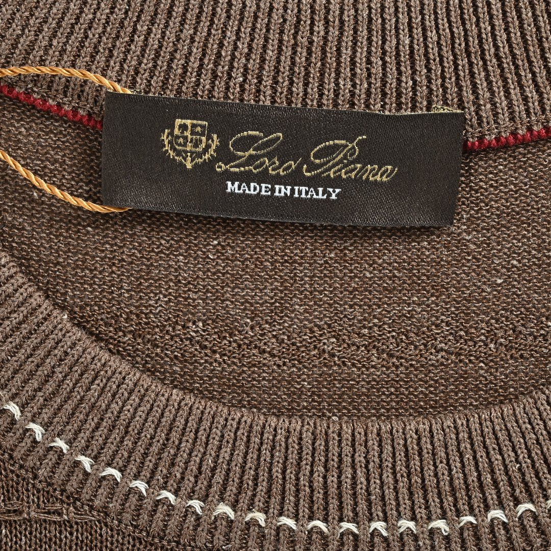 Loro Piana LP Tri-Color Topstitch Ribbed Knit Wave-Texture Linen Short-Sleeve T-Shirt — Tobacco Brown