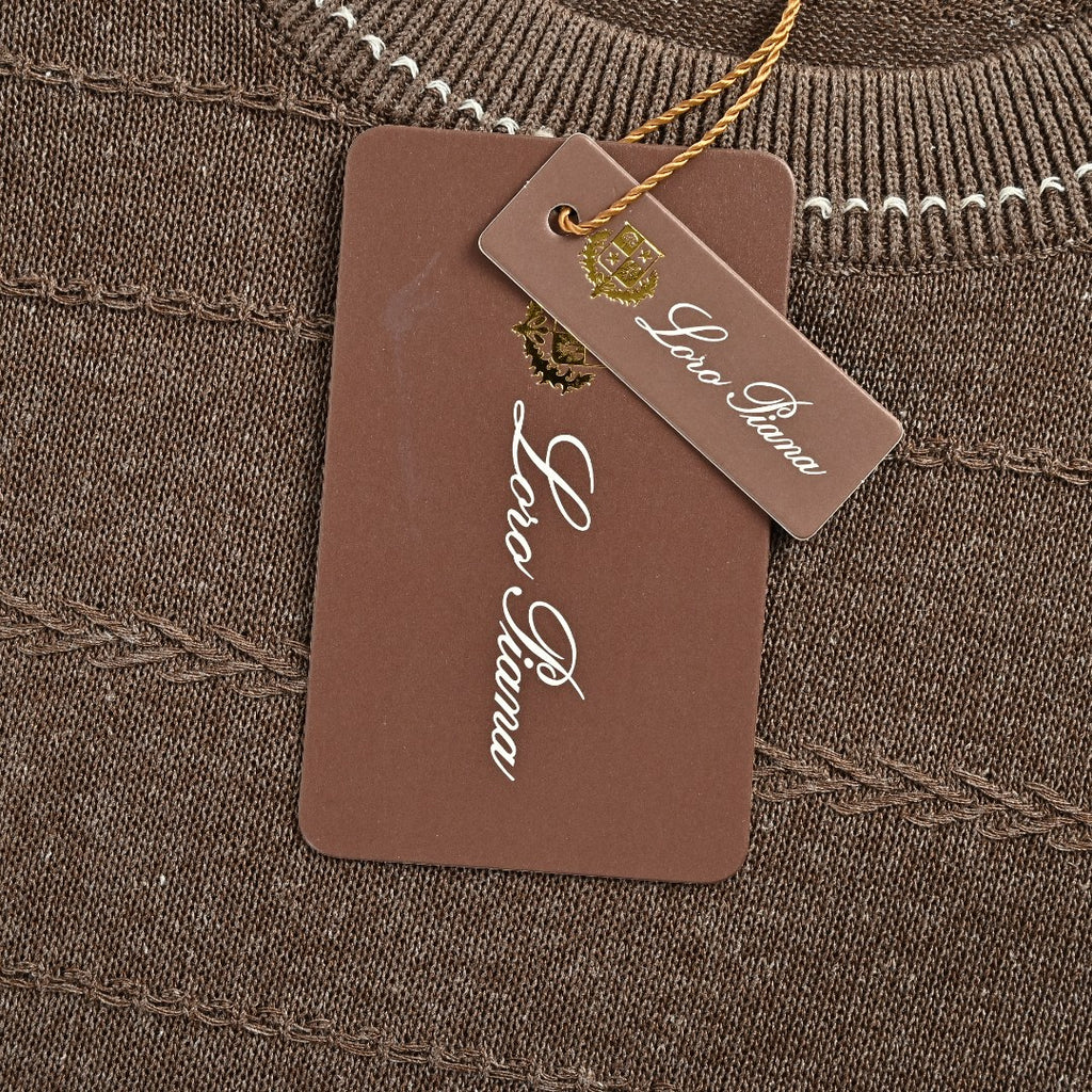 Loro Piana LP Tri-Color Topstitch Ribbed Knit Wave-Texture Linen Short-Sleeve T-Shirt — Tobacco Brown
