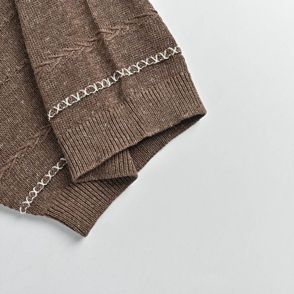 Loro Piana LP Tri-Color Topstitch Ribbed Knit Wave-Texture Linen Short-Sleeve T-Shirt — Tobacco Brown