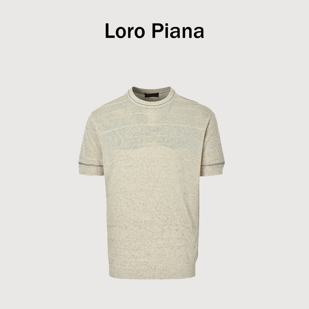 Loro Piana LP Tri-Color Topstitch Ribbed Knit Wave-Texture Linen Short-Sleeve T-Shirt — Natural Ecru