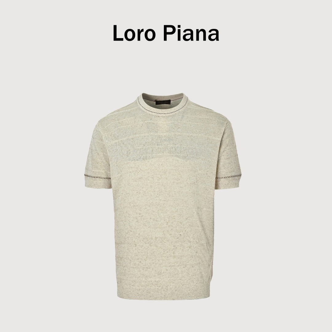 Loro Piana LP Tri-Color Topstitch Ribbed Knit Wave-Texture Linen Short-Sleeve T-Shirt — Natural Ecru