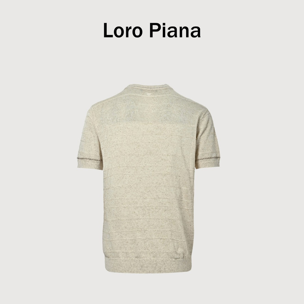 Loro Piana LP Tri-Color Topstitch Ribbed Knit Wave-Texture Linen Short-Sleeve T-Shirt — Natural Ecru