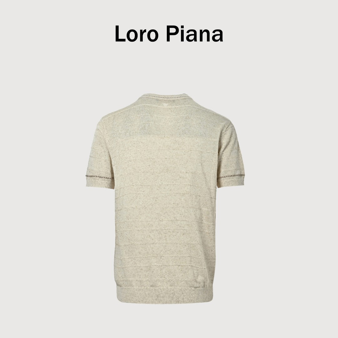 Loro Piana LP Tri-Color Topstitch Ribbed Knit Wave-Texture Linen Short-Sleeve T-Shirt — Natural Ecru