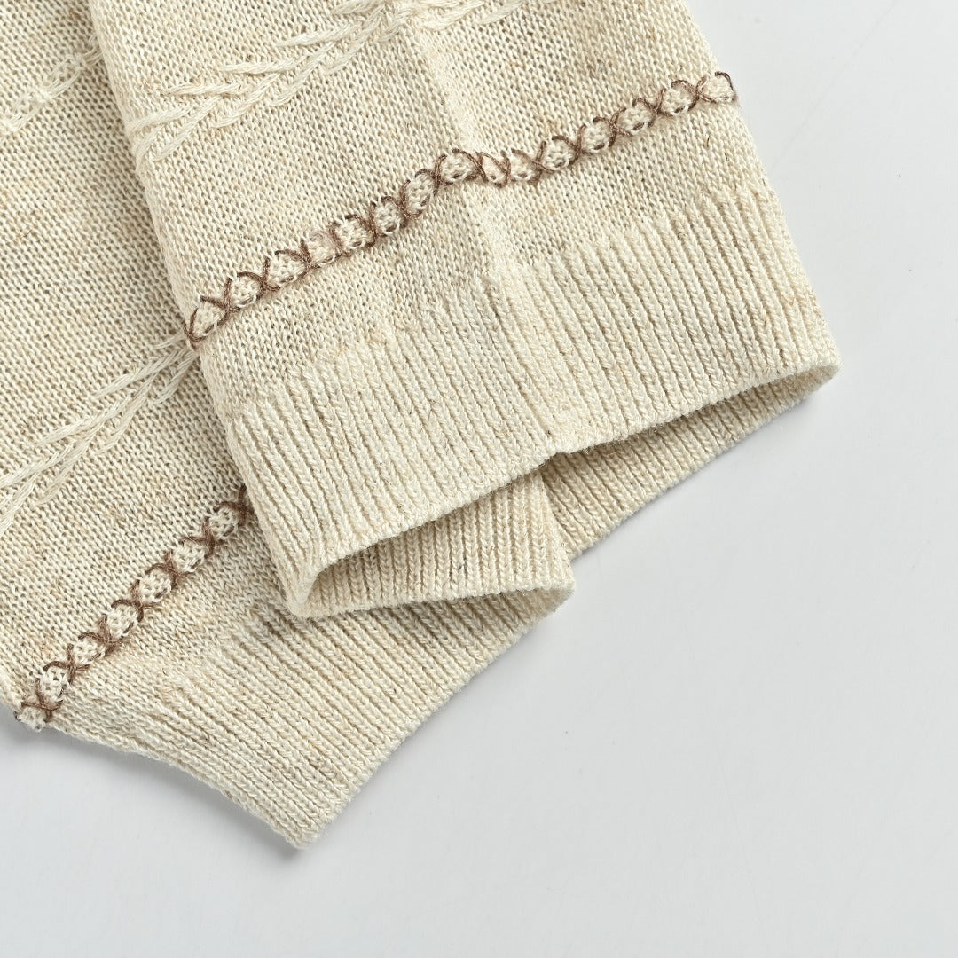 Loro Piana LP Tri-Color Topstitch Ribbed Knit Wave-Texture Linen Short-Sleeve T-Shirt — Natural Ecru