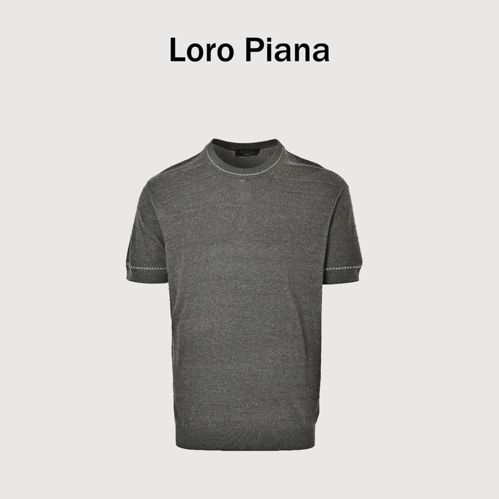 Loro Piana LP Tri-Color Topstitch Ribbed Knit Wave-Texture Linen Short-Sleeve T-Shirt — Olive