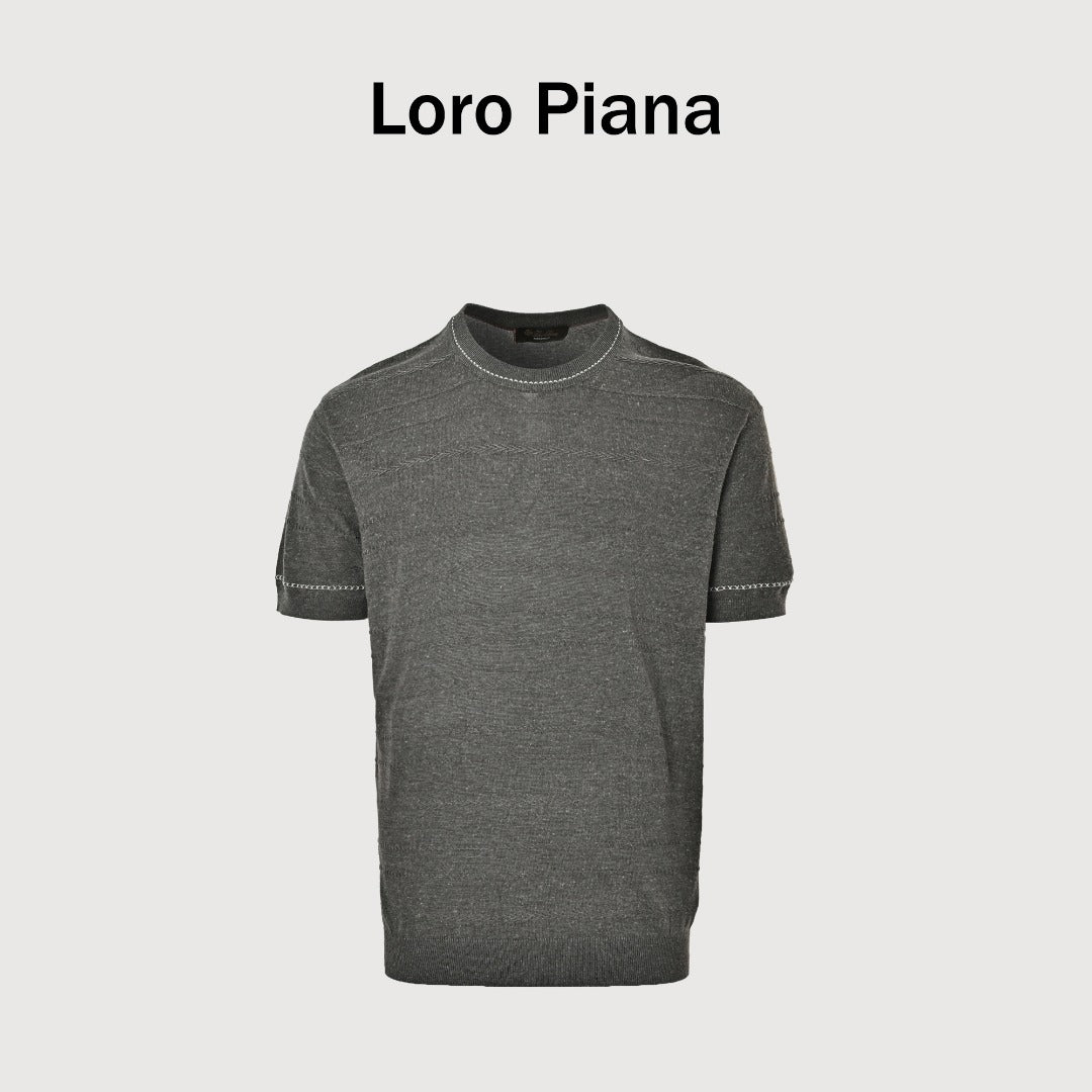 Loro Piana LP Tri-Color Topstitch Ribbed Knit Wave-Texture Linen Short-Sleeve T-Shirt — Olive