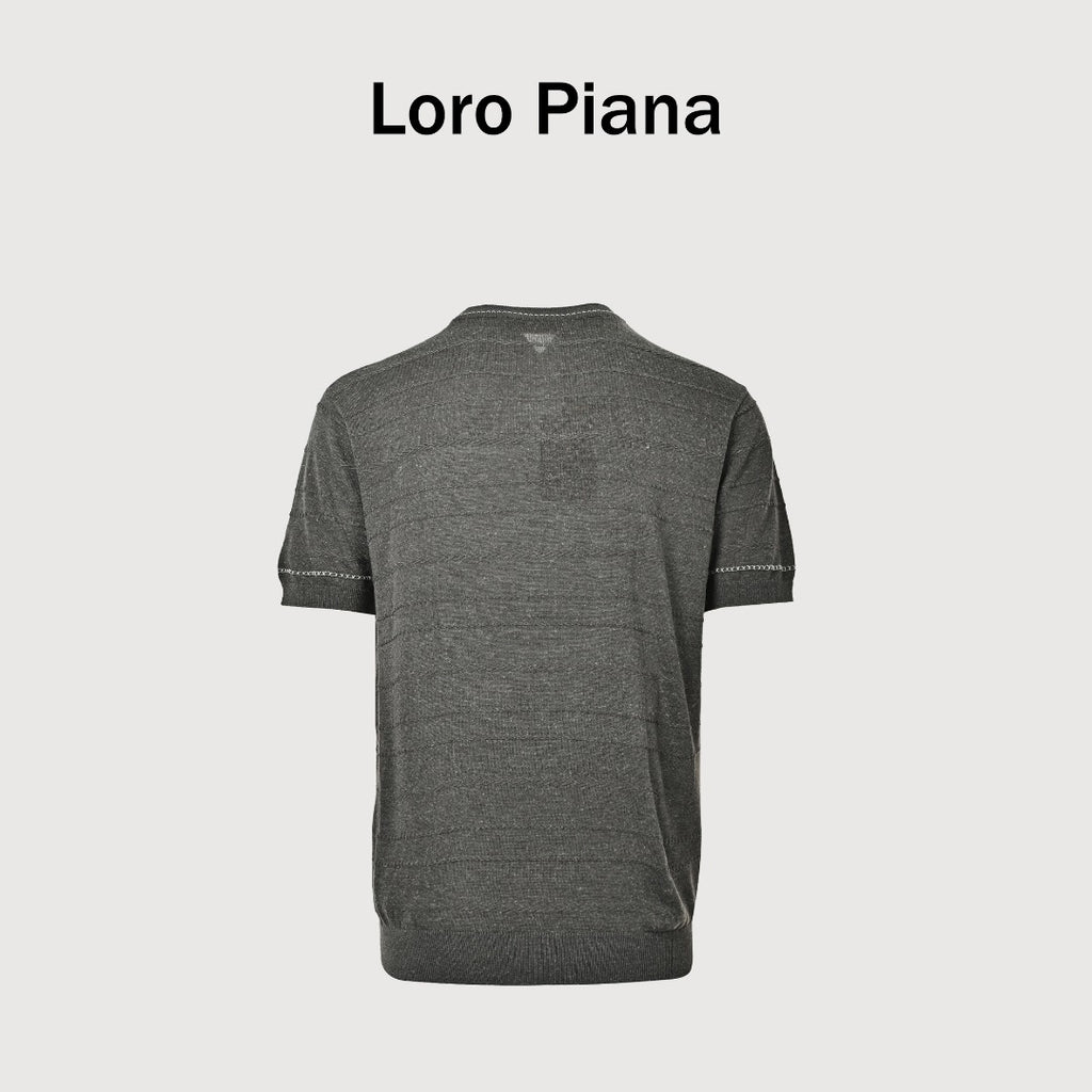 Loro Piana LP Tri-Color Topstitch Ribbed Knit Wave-Texture Linen Short-Sleeve T-Shirt — Olive