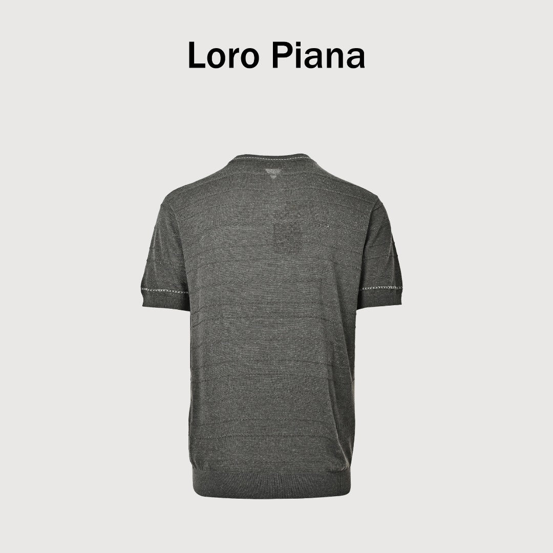 Loro Piana LP Tri-Color Topstitch Ribbed Knit Wave-Texture Linen Short-Sleeve T-Shirt — Olive